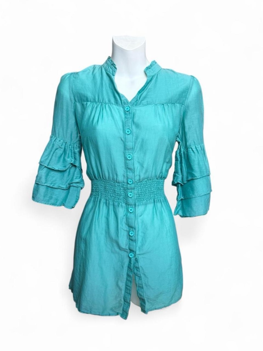 Women’s Teal Button-Front Ruffle Sleeve Blouse